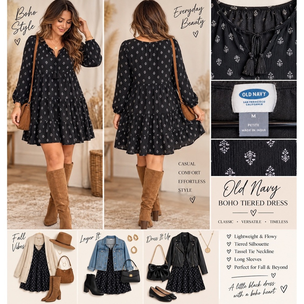 Old Navy Black White Medallion Tiered Swing Dress Petite Medium Tassel Boho